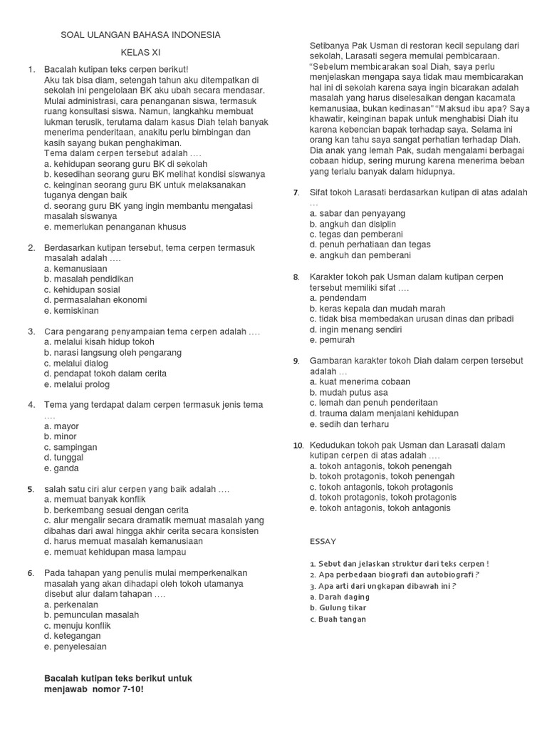 Soal Ulangan Bahasa Indonesia
