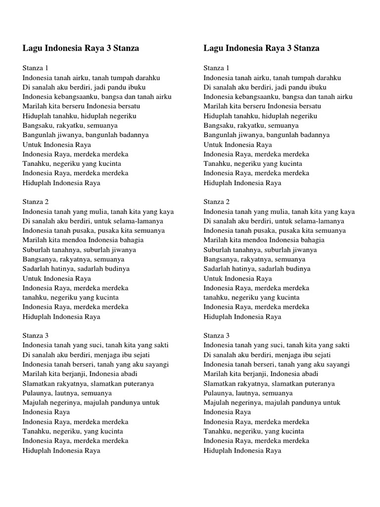 Lirik Lagu Indonesia Raya 3 Stanza Dan Lirik Lagu Maju Tak Gentar | PDF