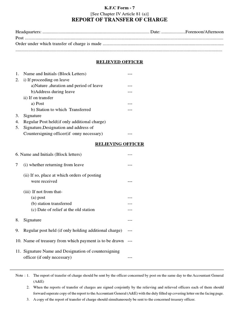 KFC Form 7: Transfer of Charge Report | PDF | Government | Business
