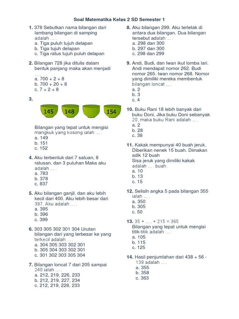 Soal Matematika Kelas 2 Sd Semester 1