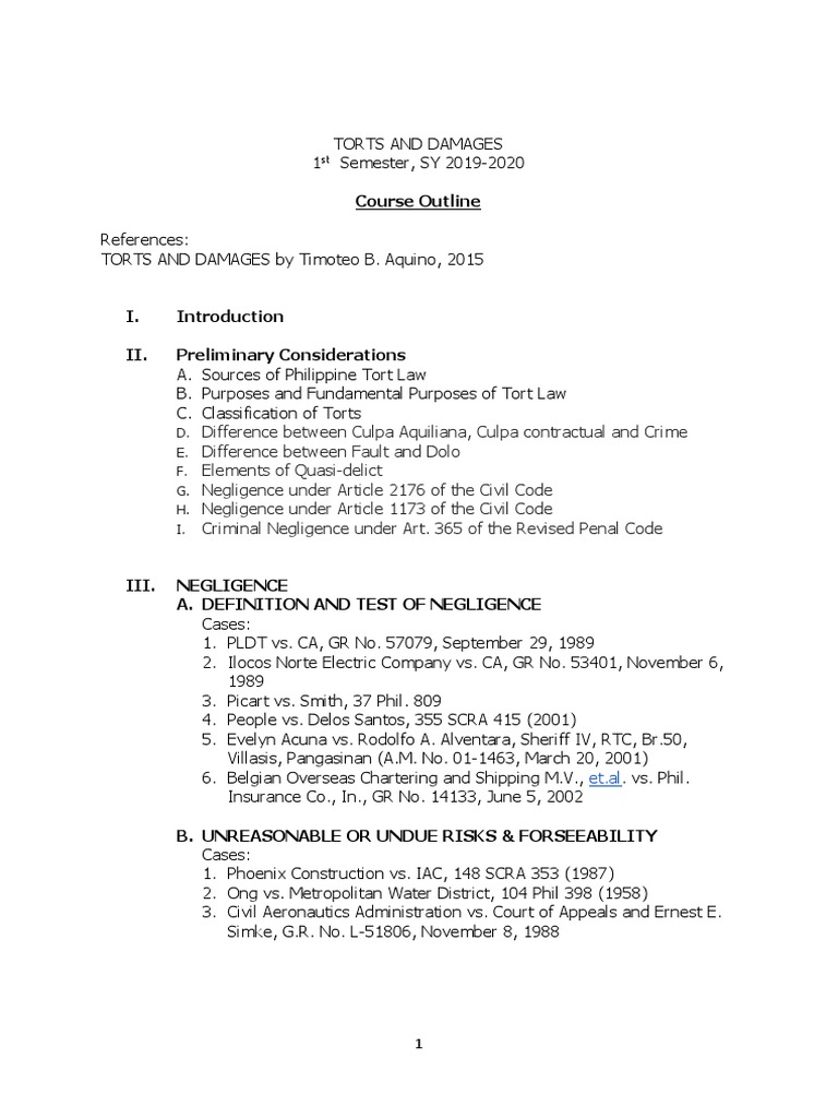 Torts and Damages Course Outline | PDF | Negligence | Tort