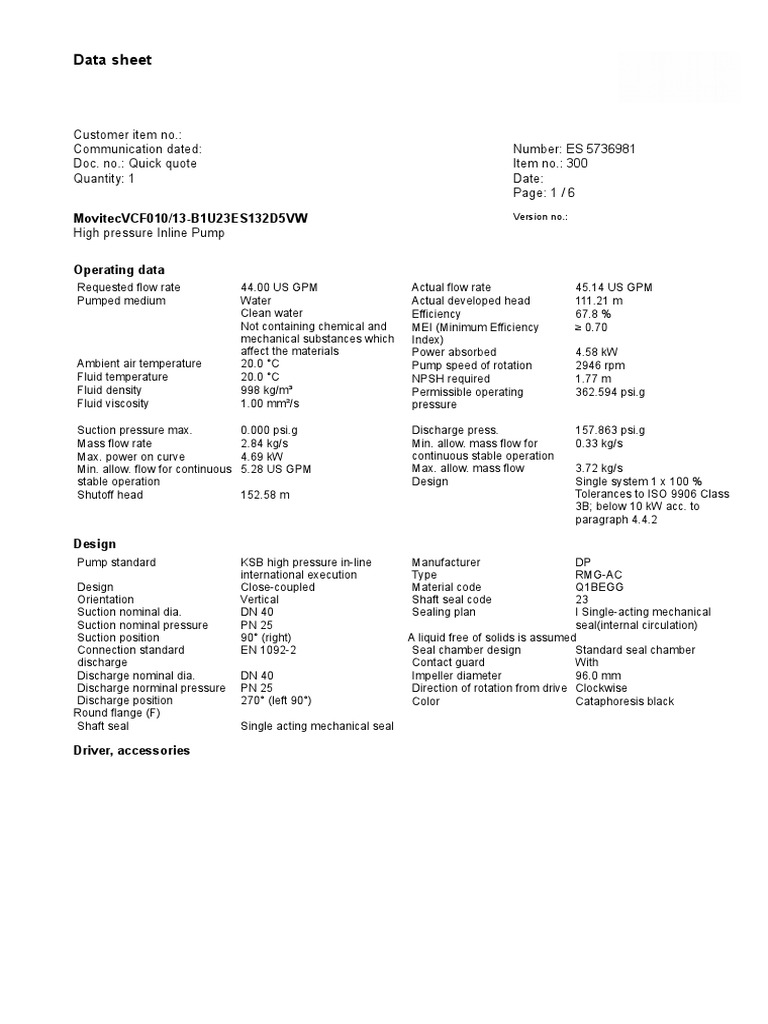 High Pressure Inline Pump Data Sheet | PDF | Pump | Electric Motor