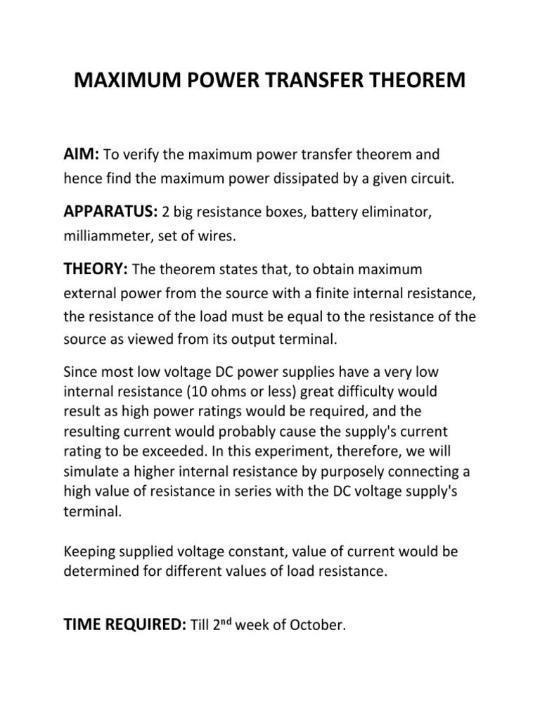 Maximum Power Transfer Theorem Experiment | PDF