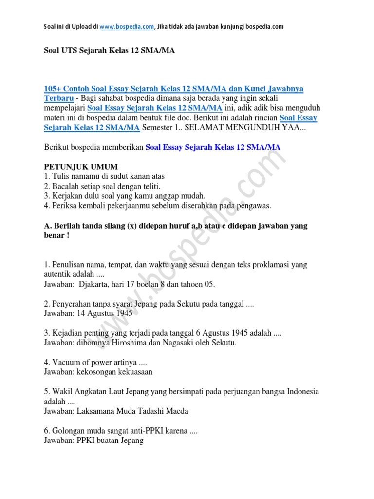 105 Contoh Soal Essay Sejarah Kelas 12 Sma Ma Dan Kunci Jawabnya