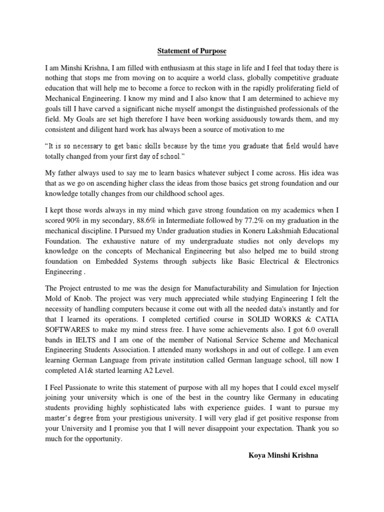 Statement of Purpose | PDF | Engineering | Mechanical Engineering