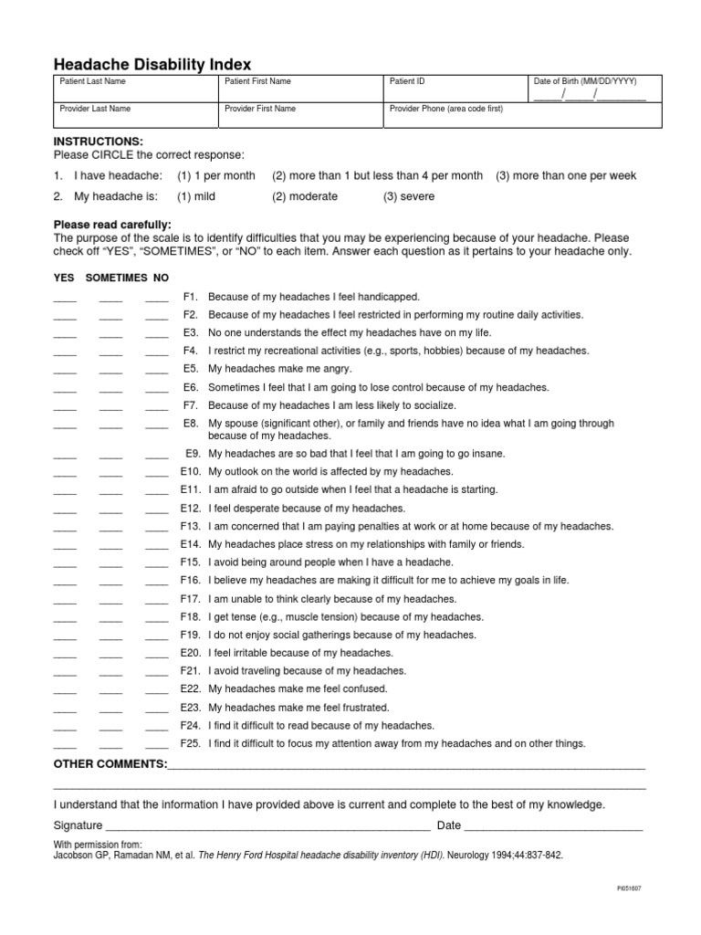 26 Headache Disability Index Nervous System Cognition