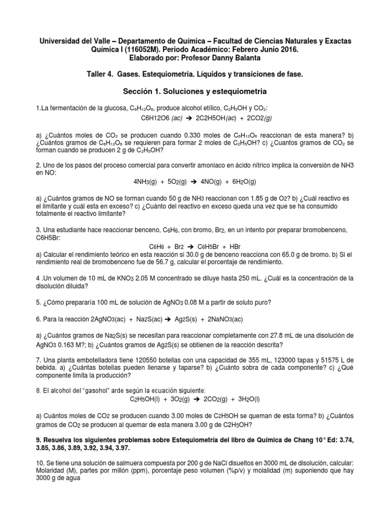 Taller de Estequiometría y Gases | PDF | Gases | Mole (Unidad)