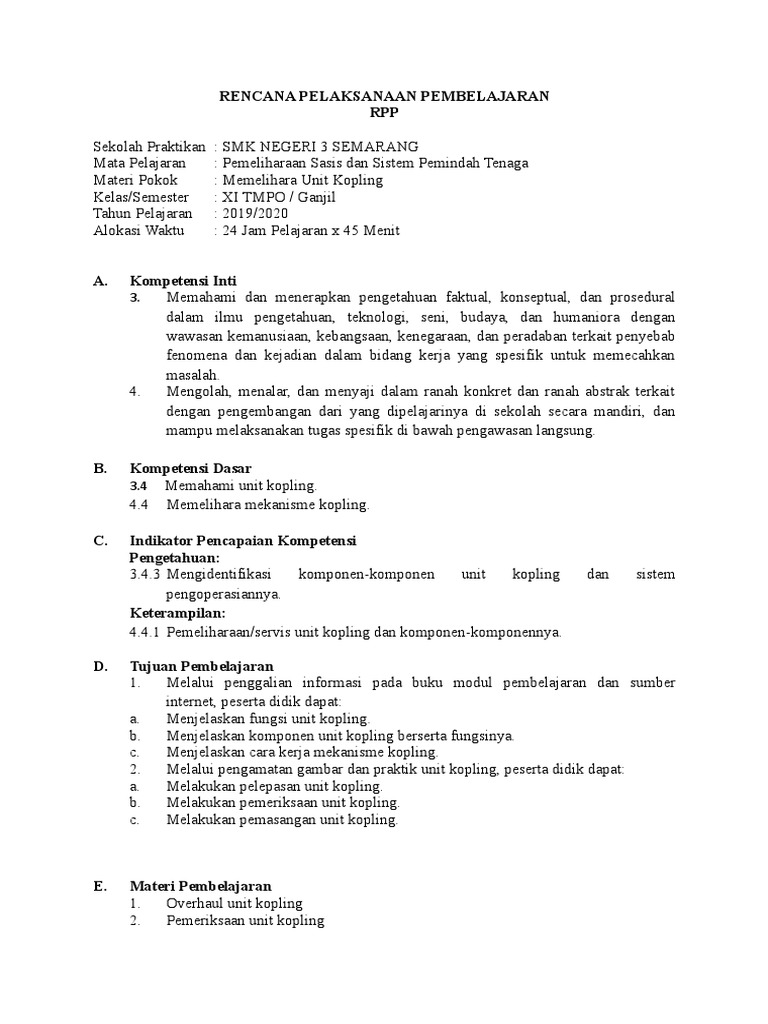 RPP Pemeliharaan Unit Kopling SMK | PDF | Komputer
