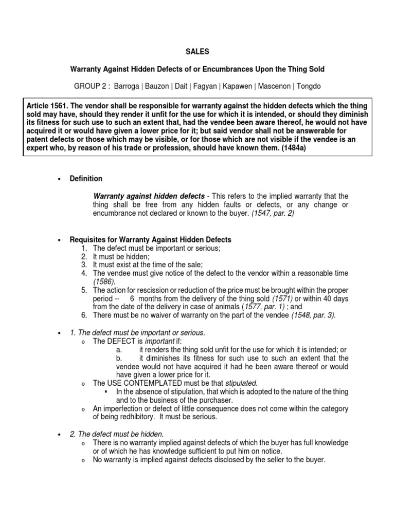 Warranty Against Hidden Defects This Refers To The Implied Warranty