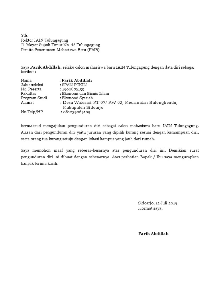 Surat Pengunduran Diri Mahasiswa Baru A4 Pdf
