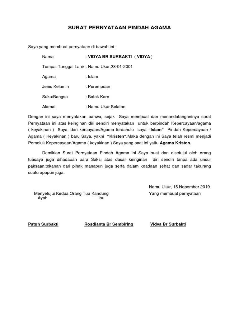 Surat Pernyataan Pindah Agama Pdf