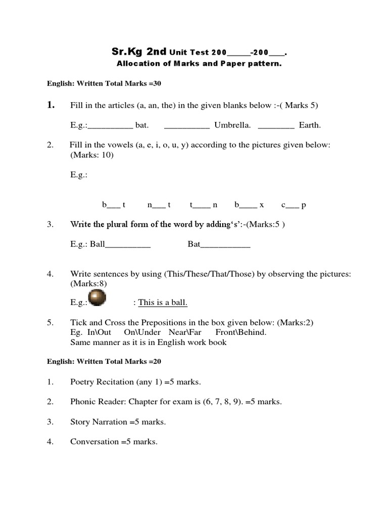 Sr Kg 2nd Unit Test 200 200 Paper Pattern And Allocation Of