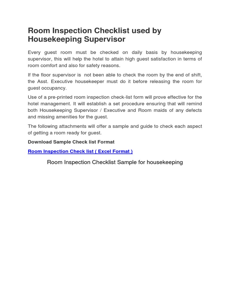 Housekeeping Room Inspection Checklist | PDF | Technology & Engineering