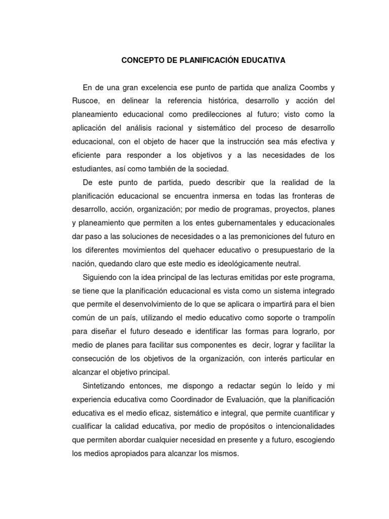 Concepto y Eficacia de la Planificación Educativa | PDF | Planificación ...
