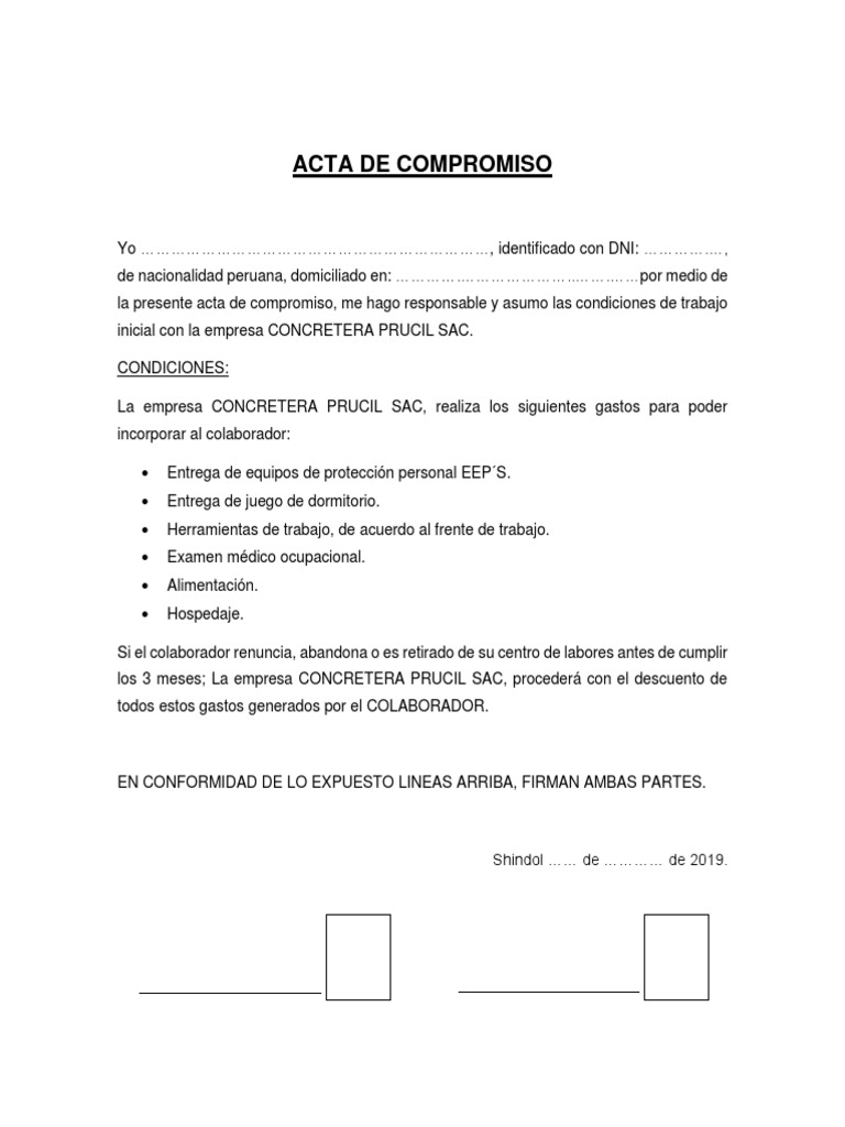 Acta de Compromiso Laboral Prucil | PDF | Finanzas y dinero