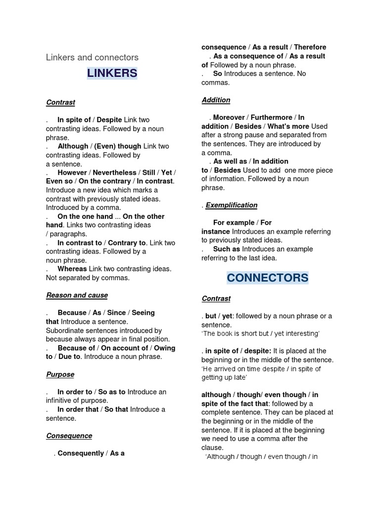 Linkers and Connectors PDF Sentence (Linguistics) Phrase