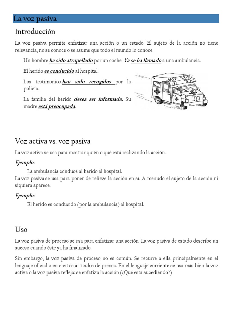 Uso y ejemplos de voz pasiva en español | PDF | Verbo | Objeto (gramática)