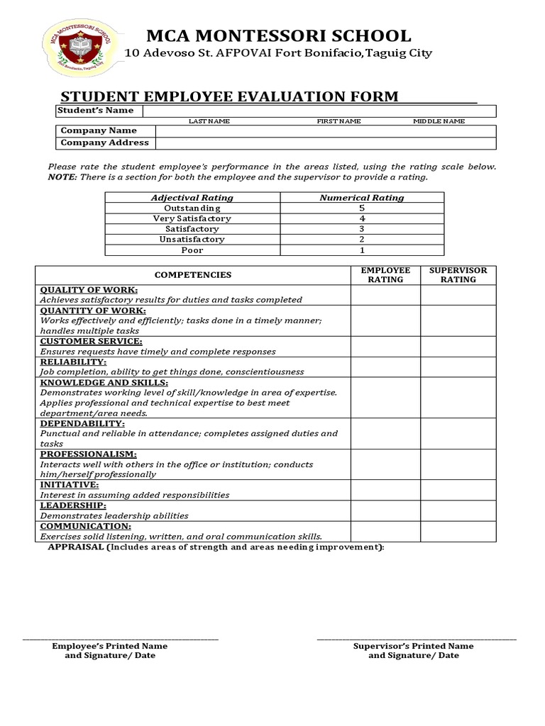 Mca Montessori School Student Employee Evaluation Form Performance