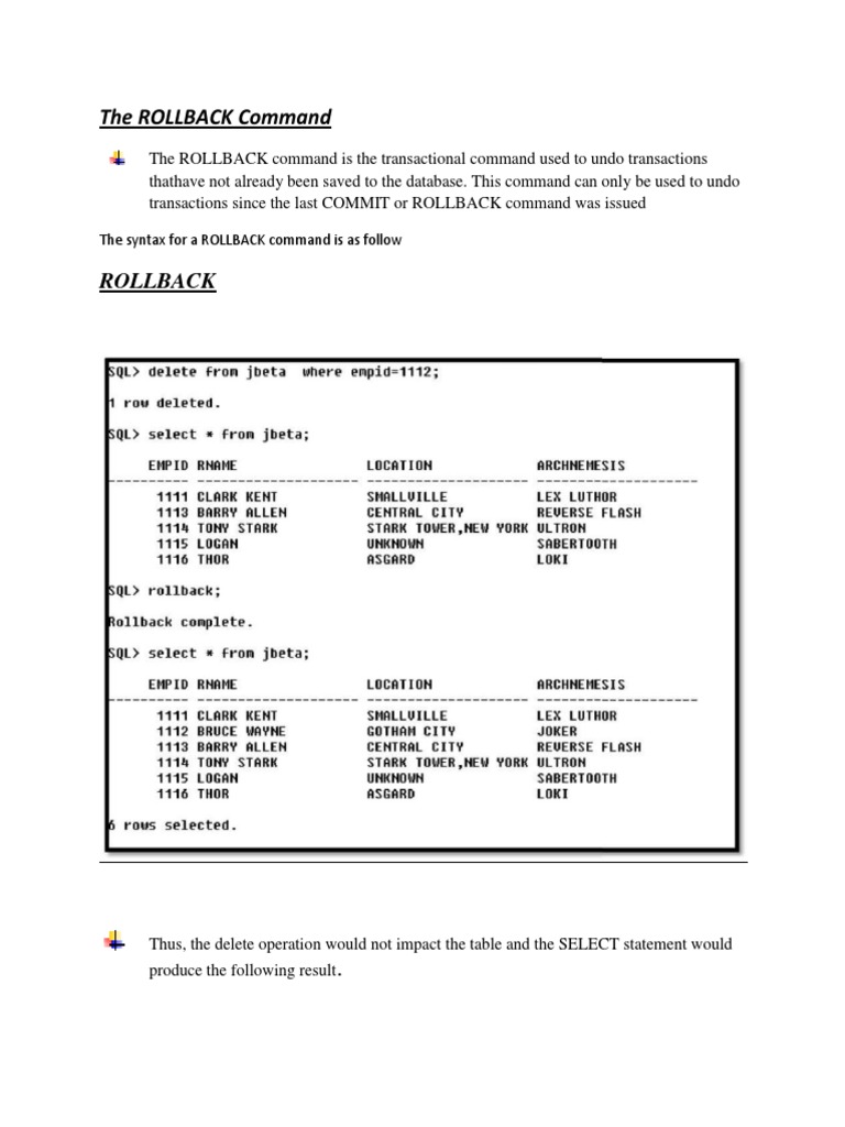 The Syntax For A ROLLBACK Command Is As Follow | PDF