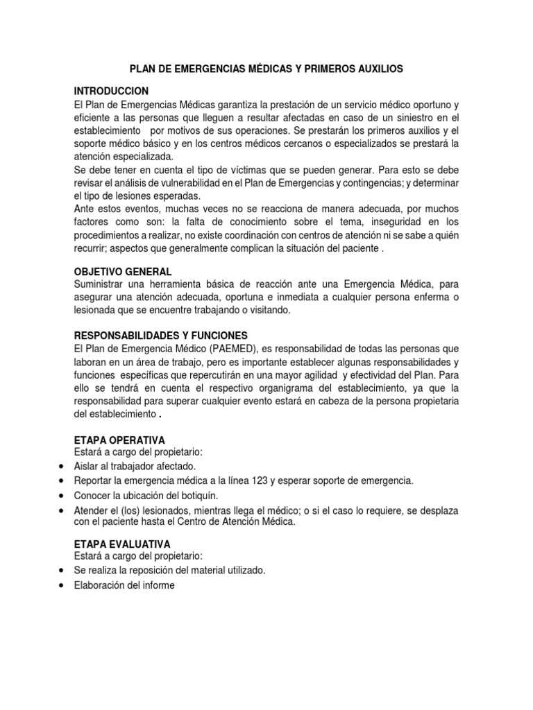 Plan de Emergencias y Primeros Auxilios | PDF | Herida | Primeros auxilios