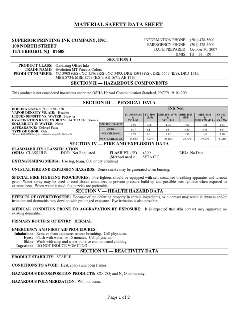 Superior Ink MSDS PDF | PDF | Fires | Carbon Dioxide