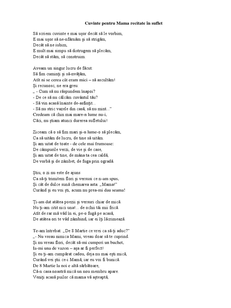 Cuvinte Pentru Mama Recitate În Suflet | PDF
