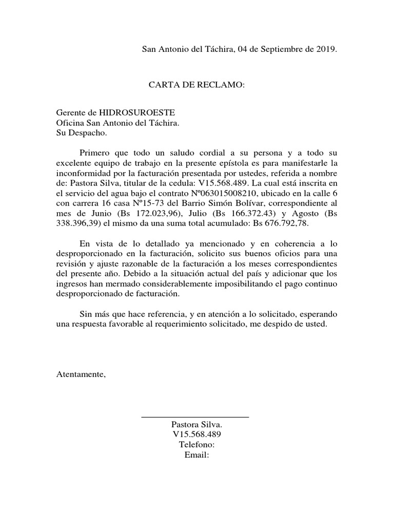 Reclamo por Cobro Excesivo de Agua | PDF