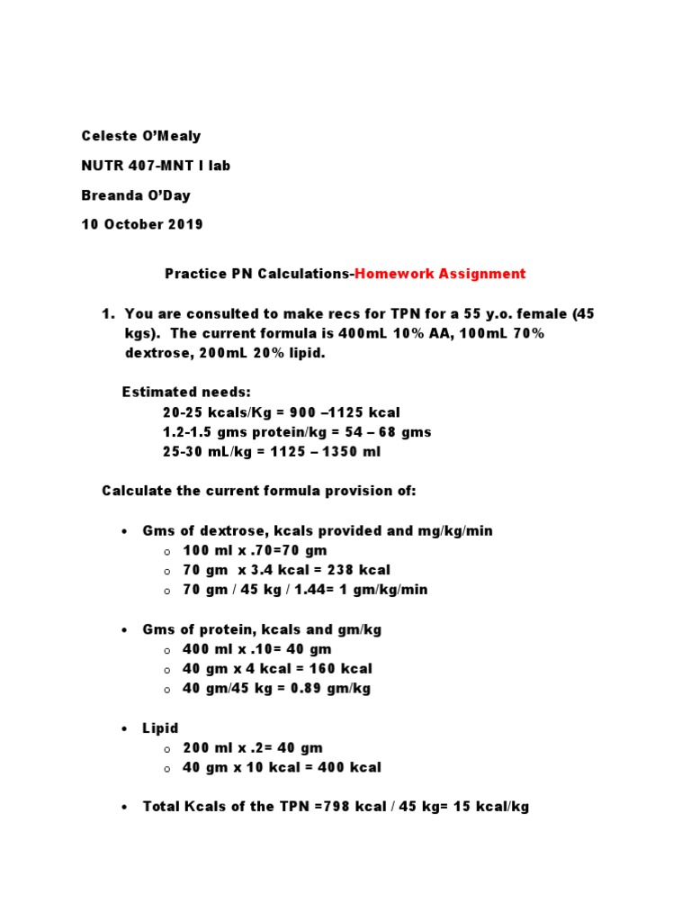 TPN Calculation and Recommendations | PDF | Chemistry | Medical Specialties