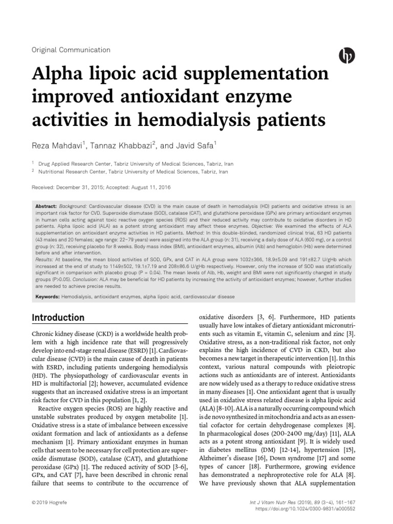 Alpha Lipoic Acid Supplementation Improved Antioxidant Enzyme
