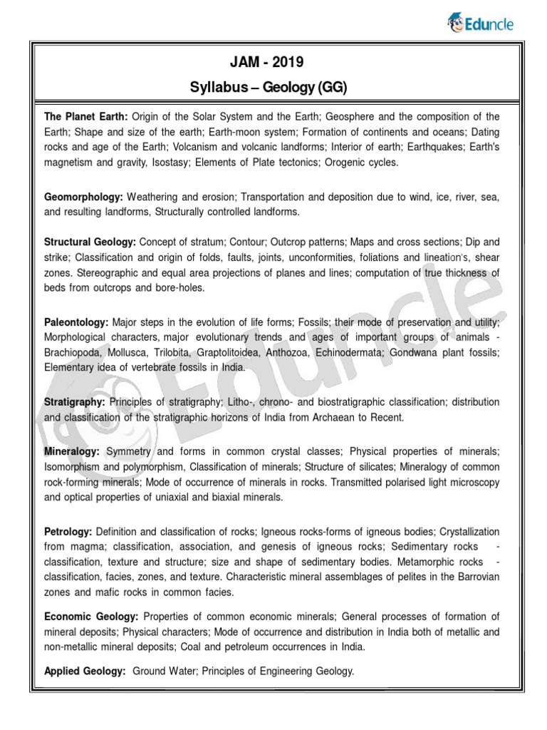 JAM 2019 Syllabus Geology (GG) PDF Geology Rock (Geology)