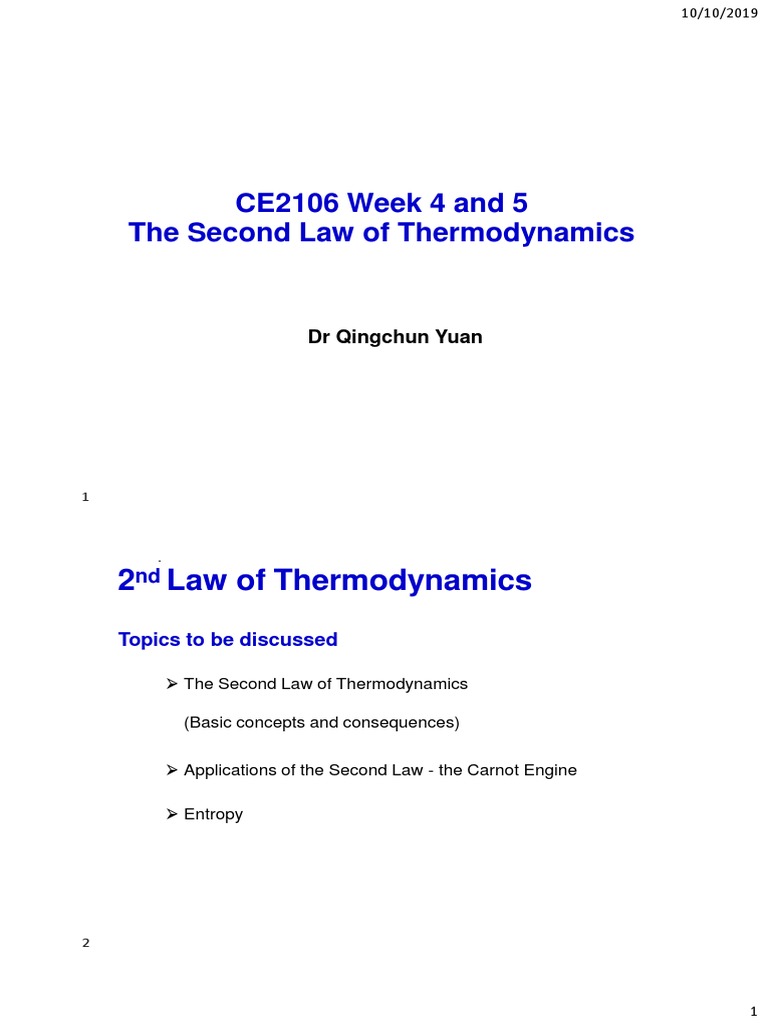 CE2106 Week 4 and 5 The Second Law of Thermodynamics | PDF | Heat | Entropy