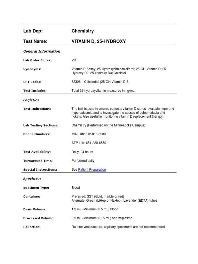 Lab Dep: Chemistry Test Name: Vitamin D, 25-Hydroxy: General 