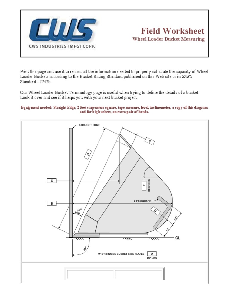 Field Worksheet: Wheel Loader Bucket Measuring | PDF