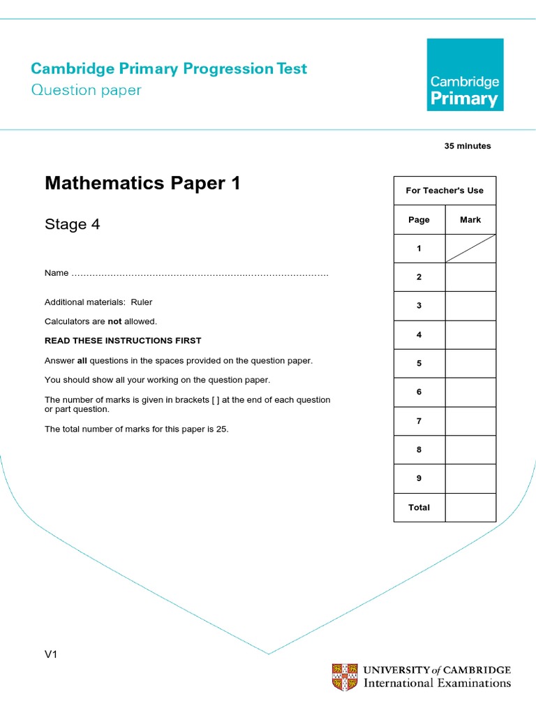 Primary Progression Test - Stage 4 Math Paper 1 PDF | PDF | Teaching ...