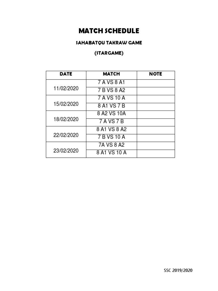 SSC 2019/2020 Takraw Match Schedule | PDF