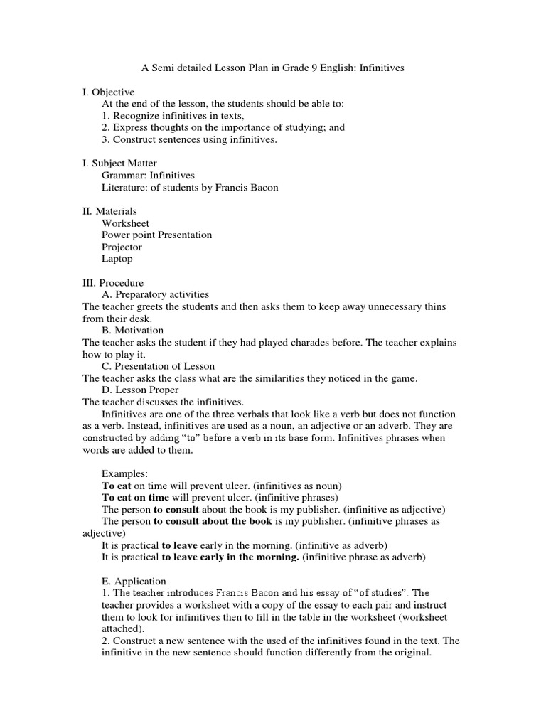 Grade 9 English Lesson Plan: Infinitives | PDF | Verb | Adverb