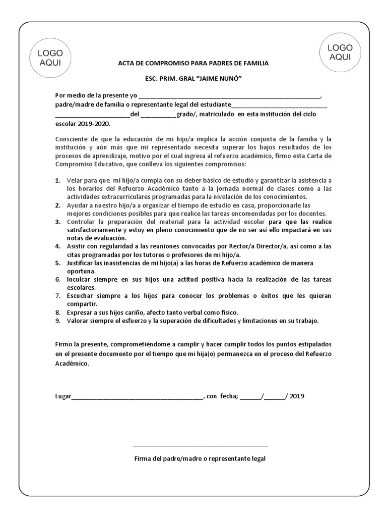 Acta de Compromiso para Padres de Familia 2019-Me | PDF | Educación ...
