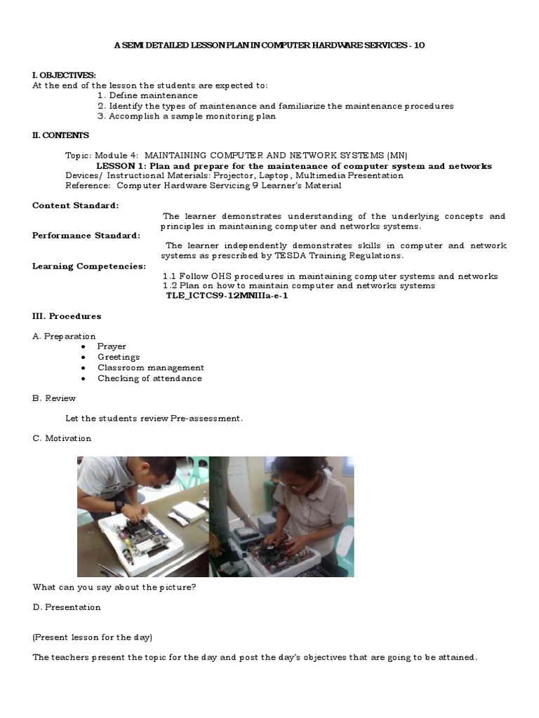 A Semi Detailed Lesson Plan in Computer Hardware Services - 10 | PDF ...