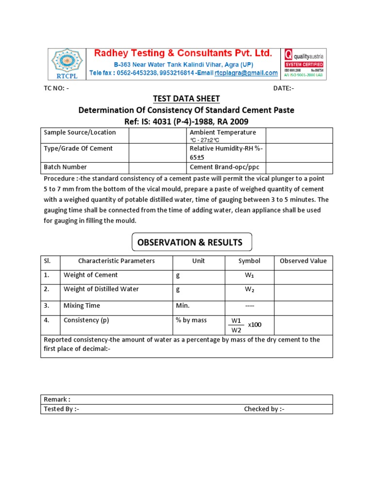 Cement Testing Data Sheet | PDF | Quantity | Physical Sciences