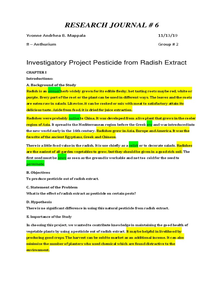Research Journal 6 Investigatory Project Pesticide From Radish