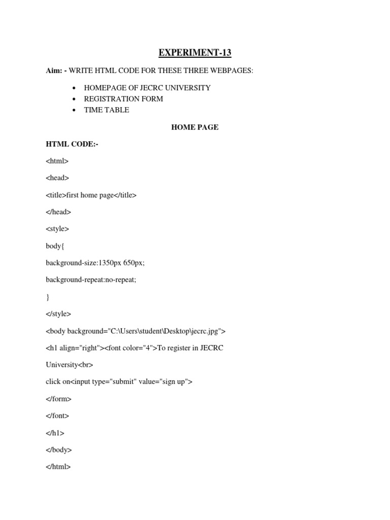 Experiment-13: Aim: - Write HTML Code For These Three Webpages | PDF ...