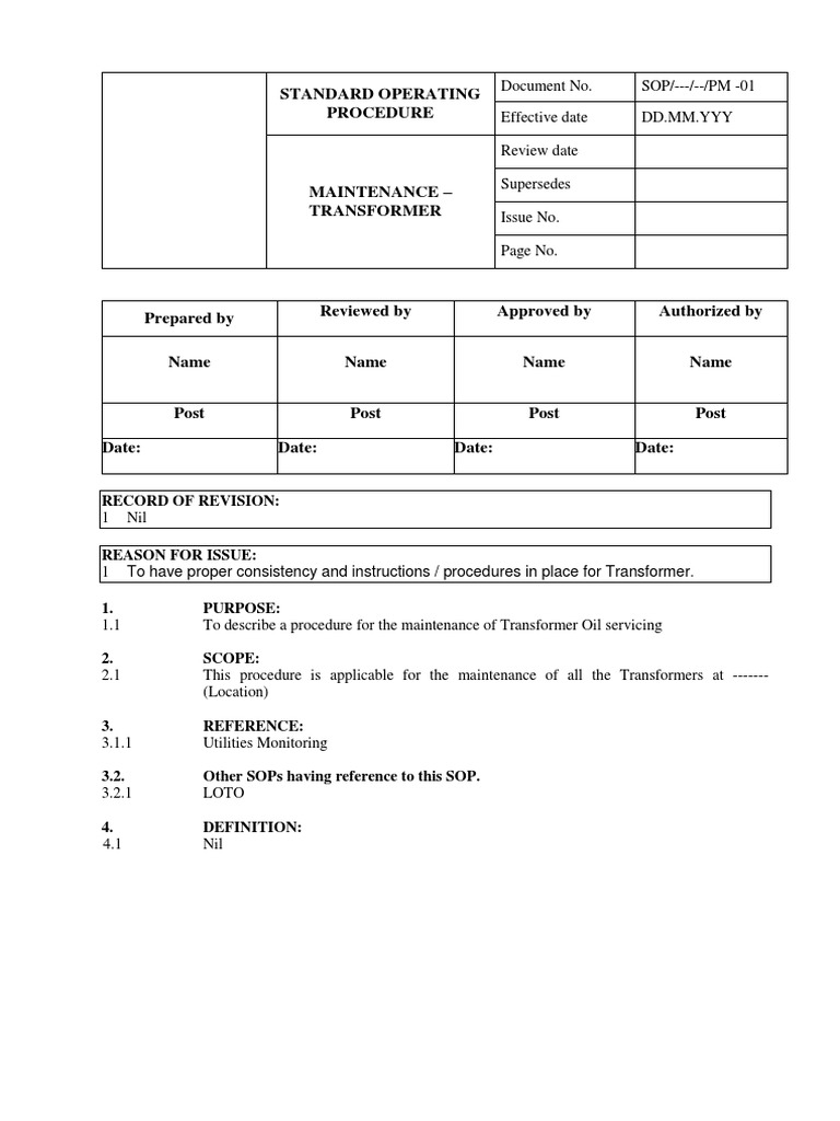 Standard Operating Procedure Record Of Revision Transformer Electrical Substation