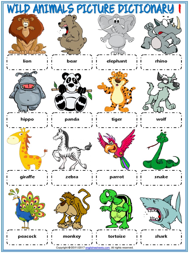 Wild Animals Vocabulary Esl Picture Dictionary Worksheets For Kids PDF ...