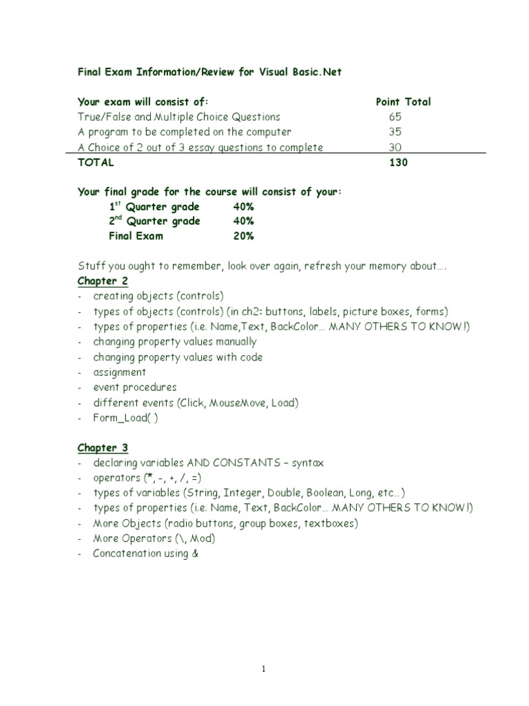 Final Exam Guide for Visual Basic.Net | PDF | Computer Engineering ...