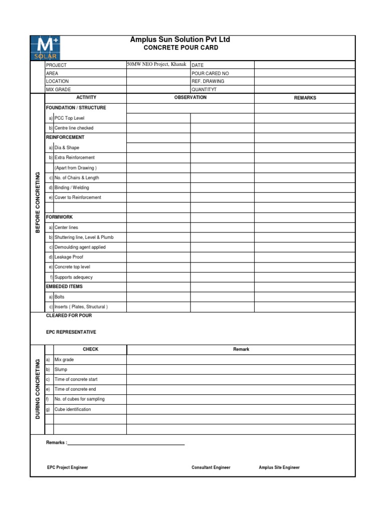 Amplus Sun Solution PVT LTD: Concrete Pour Card | PDF