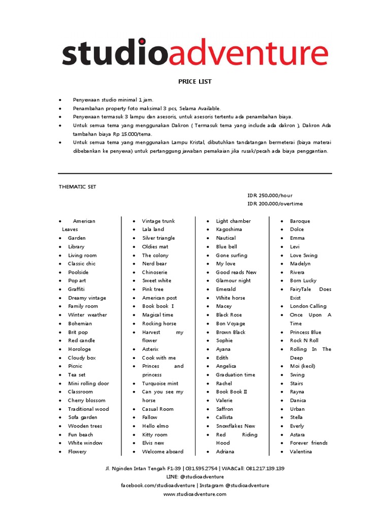 Studio Rental Price List and Themes | PDF