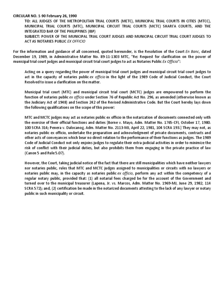 CIRCULAR NO. 1-90 February 26, 1990 To: All Judges of The Metropolitan ...