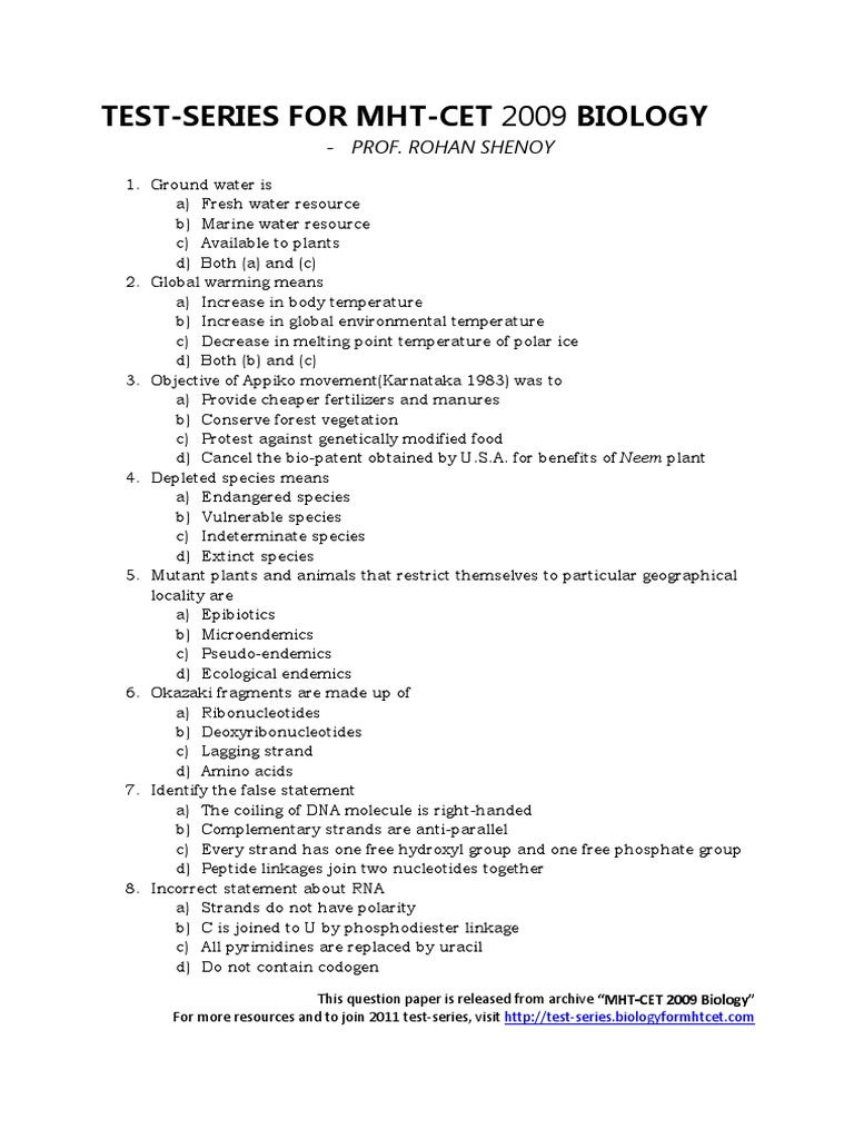 Prof Rohan Shenoy S Test Series For MHT CET Biology 2009 Archived
