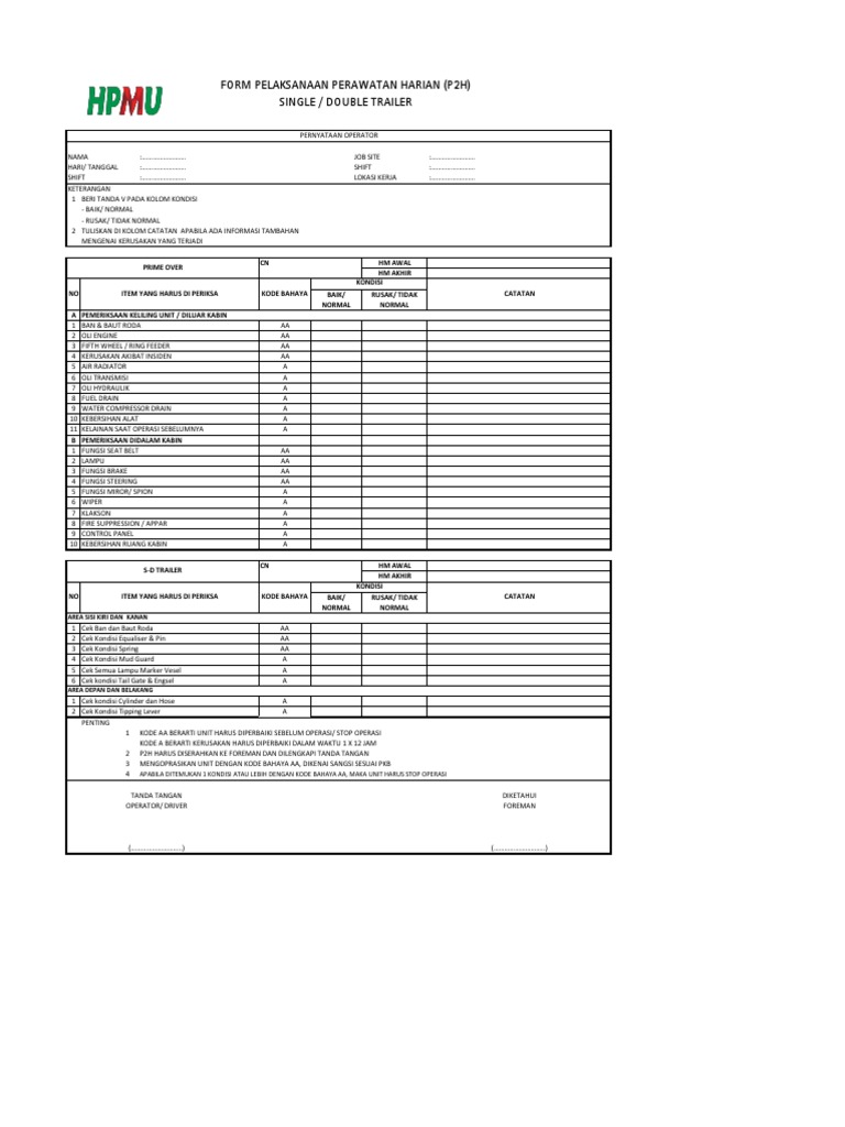Form P2H Alat Berat dan Pemeriksaan | PDF