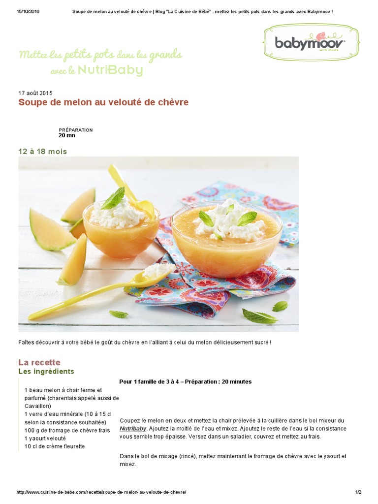 Soupe De Melon Au Veloute De Chevre Blog La Cuisine De Bebe Mettez Les Petits Pots Dans Les Grands Avec Babymoov Pdf Soupe Yaourt